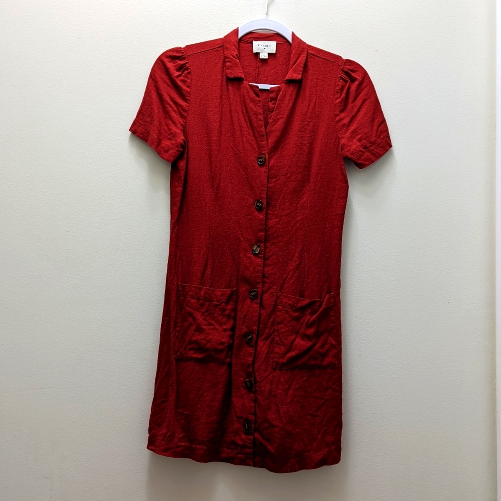 Red Everly collared linen dress.